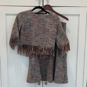 Barelli size 8 Multicolor Tweed metallic Fringe top and skirt set